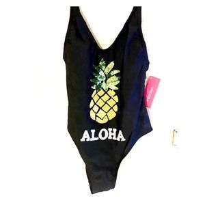 Aloha Black One Piece Pineapple Bling Swimwear